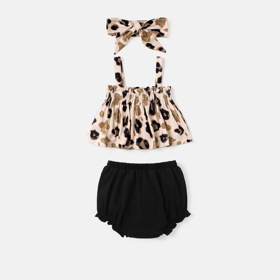 3pcs Baby Girl Leopard Print Naia™ Tank Top and Bow Front Shorts & Headband Set Black big image 2
