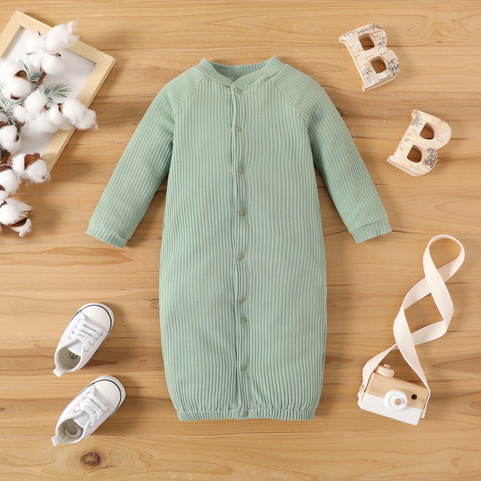 Baby Boy/Girl 95% Cotton Solid Ribbed Long-sleeve 2-in-1 Jumpsuit/Dress Green big image 2