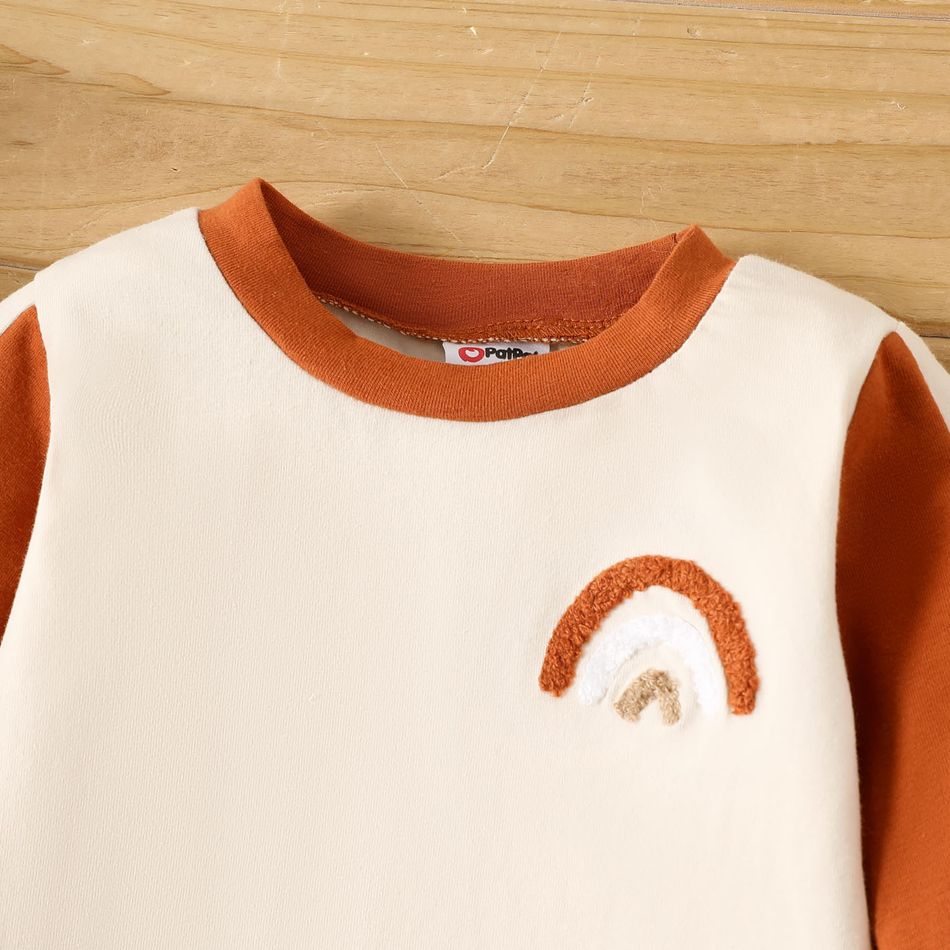 2pcs Baby Boy/Girl 95% Cotton Rainbow Embroidered Colorblock Long-sleeve Sweatshirt & Sweatpants Set Brown big image 3
