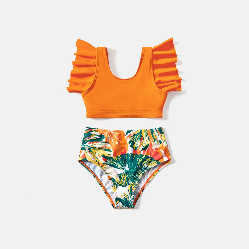 Family Matching Tropical Plant Print Ruffle-sleeve Top & Shorts Swimsuit Orange color big image 5