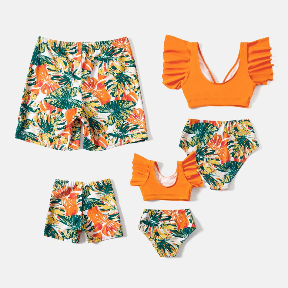 Family Matching Tropical Plant Print Ruffle-sleeve Top & Shorts Swimsuit Orange color big image 2
