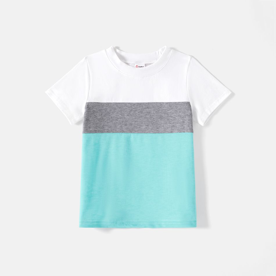 Family Matching 95% Cotton Solid V Neck Ruched Cami Dresses and Colorblock Short-sleeve Tee Sets lightbluewhite big image 11