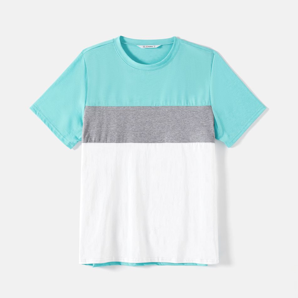 Family Matching 95% Cotton Solid V Neck Ruched Cami Dresses and Colorblock Short-sleeve Tee Sets lightbluewhite big image 9