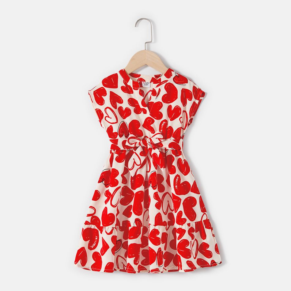 Valentine's Day Mommy and Me Allover Red Heart Print Notch Neck Short-sleeve Belted Dresses Red big image 7