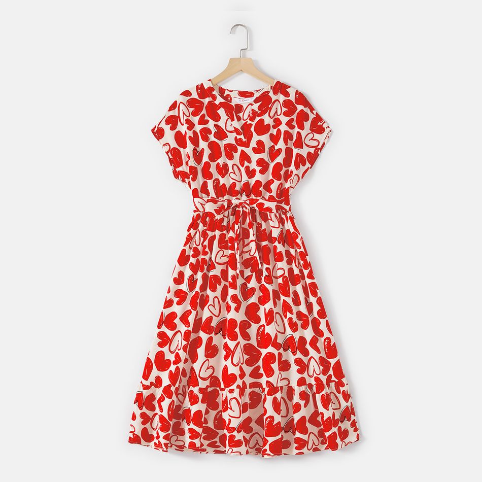 Valentine's Day Mommy and Me Allover Red Heart Print Notch Neck Short-sleeve Belted Dresses Red big image 2