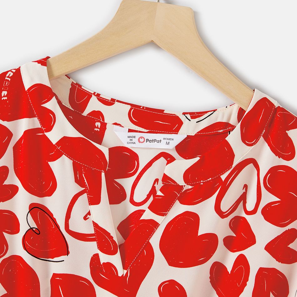 Valentine's Day Mommy and Me Allover Red Heart Print Notch Neck Short-sleeve Belted Dresses Red big image 3