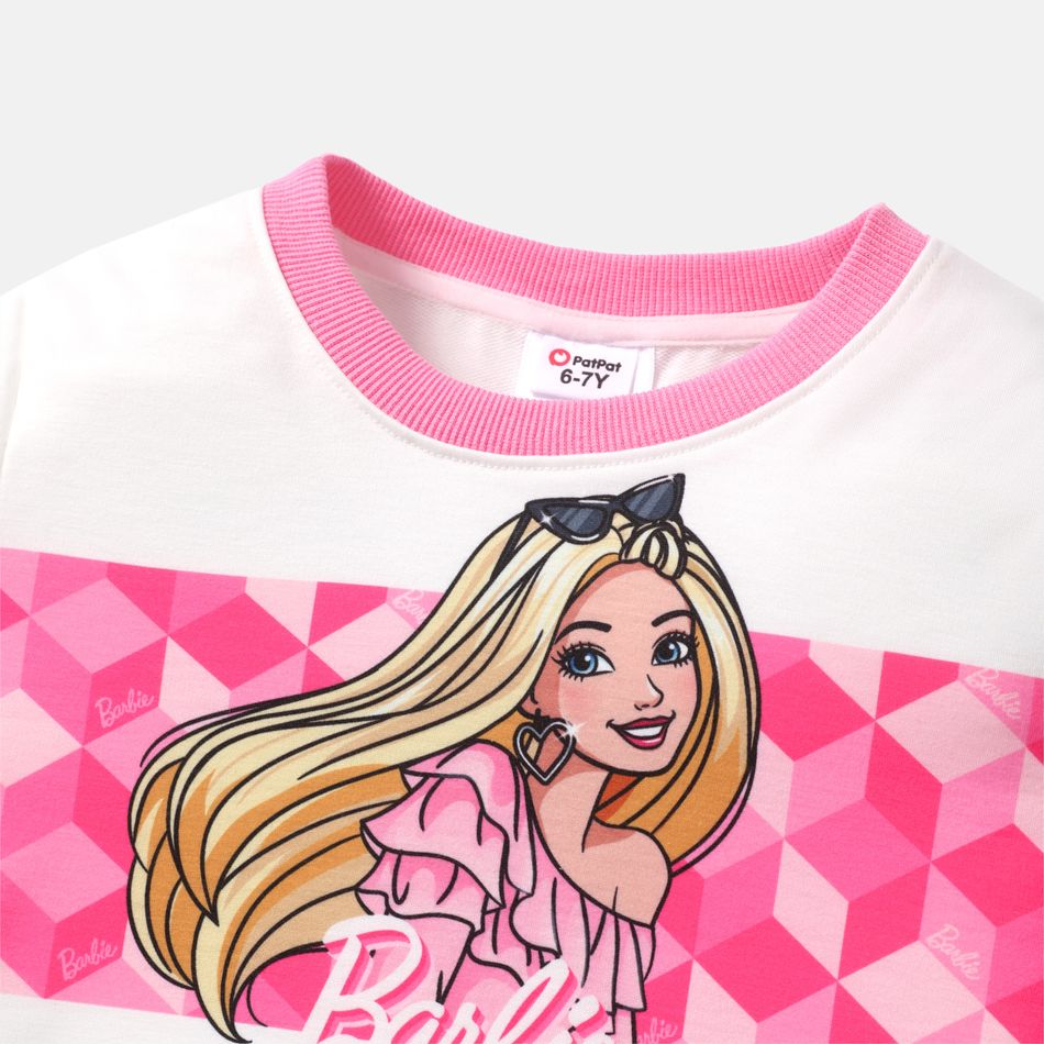 Barbie 2pcs Kid Girl Plaid Colorblock Long-sleeve Tee and Bowknot Design Skirt Set Pink big image 3