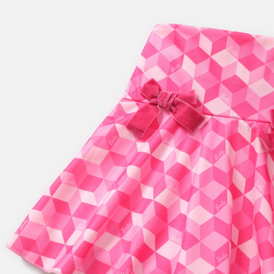 Barbie 2pcs Kid Girl Plaid Colorblock Long-sleeve Tee and Bowknot Design Skirt Set Pink big image 4
