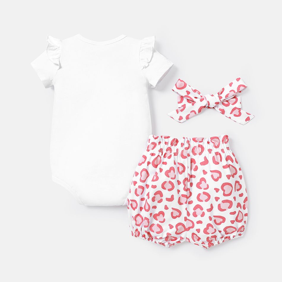 3pcs Baby Girl 100% Cotton Letter Graphic Ruffle Short-sleeve Romper and Leopard Print Shorts & Headband Set PinkyWhite big image 2