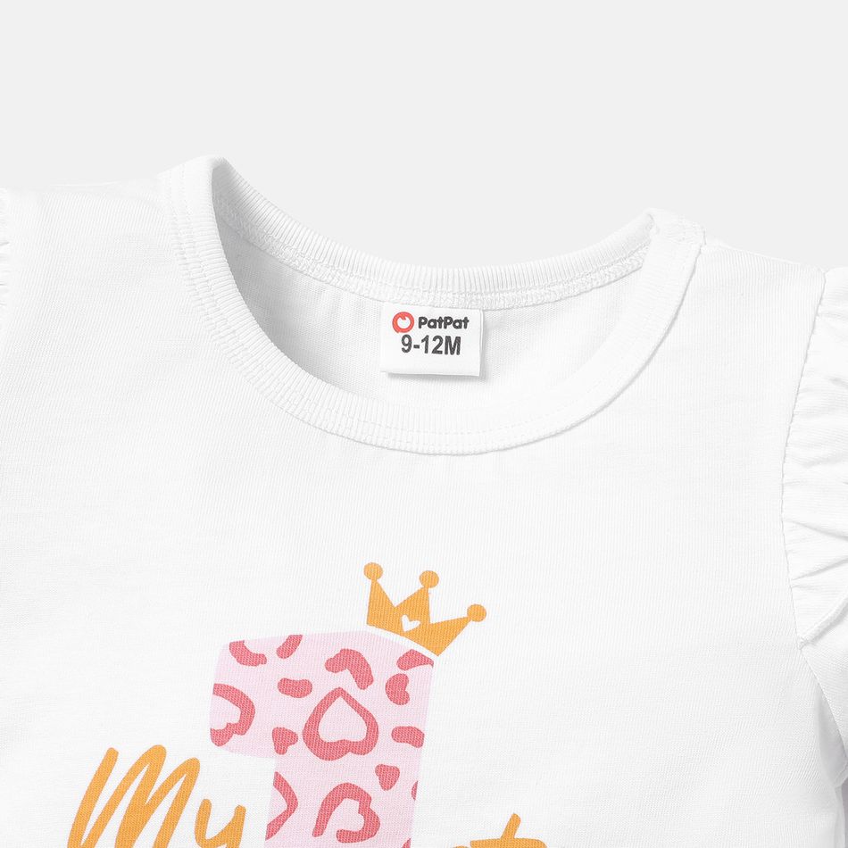3pcs Baby Girl 100% Cotton Letter Graphic Ruffle Short-sleeve Romper and Leopard Print Shorts & Headband Set PinkyWhite big image 3
