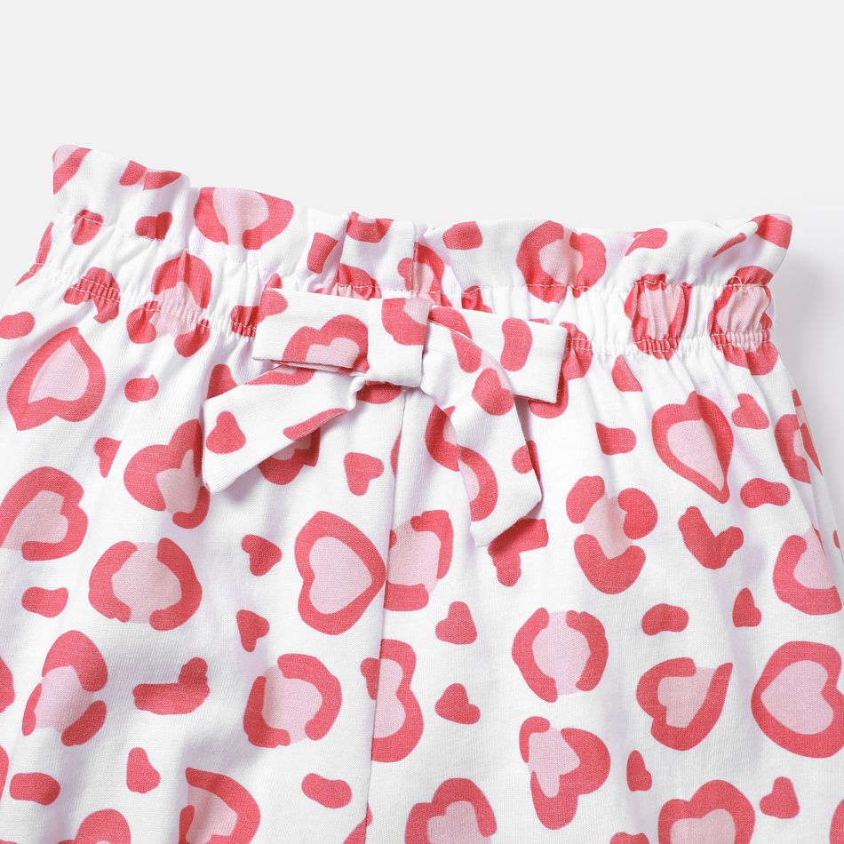 3pcs Baby Girl 100% Cotton Letter Graphic Ruffle Short-sleeve Romper and Leopard Print Shorts & Headband Set PinkyWhite