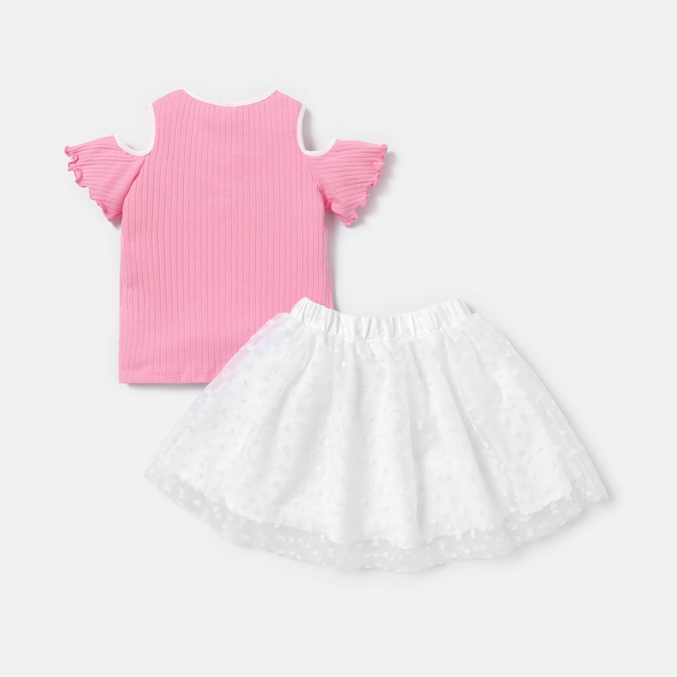 2pcs Toddler Girl Cold Shoulder Letter Print Tee and Swiss Dot Mesh Skirt Set PinkyWhite big image 2