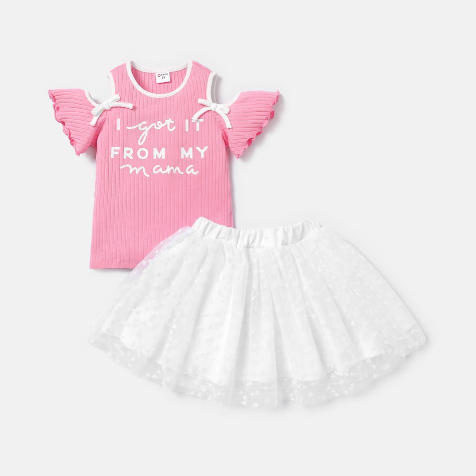 2pcs Toddler Girl Cold Shoulder Letter Print Tee and Swiss Dot Mesh Skirt Set PinkyWhite