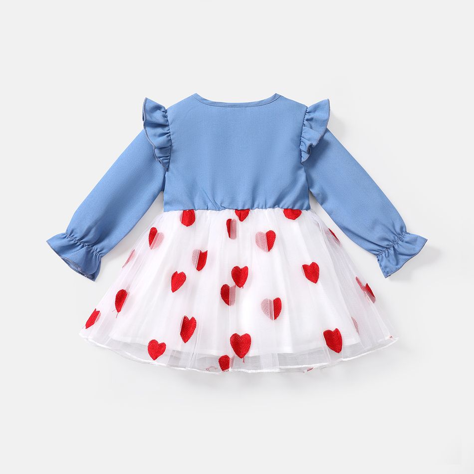 Baby Girl Heart Embroidered Peter Pan Collar Long-sleeve Spliced Mesh Dress Blue big image 2