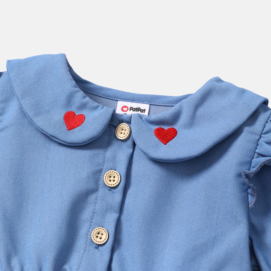 Baby Girl Heart Embroidered Peter Pan Collar Long-sleeve Spliced Mesh Dress Blue big image 4