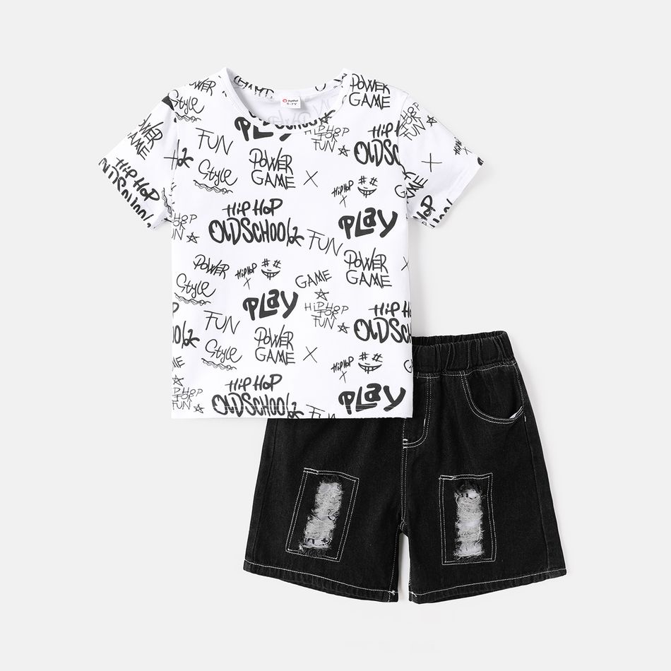 2pcs Kid Boy Cotton Letter Allover Print Short-sleeve Tee and Ripped Denim Shorts Set White big image 1