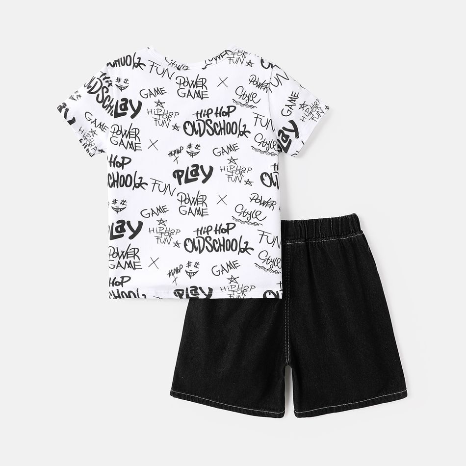 2pcs Kid Boy Cotton Letter Allover Print Short-sleeve Tee and Ripped Denim Shorts Set White big image 2