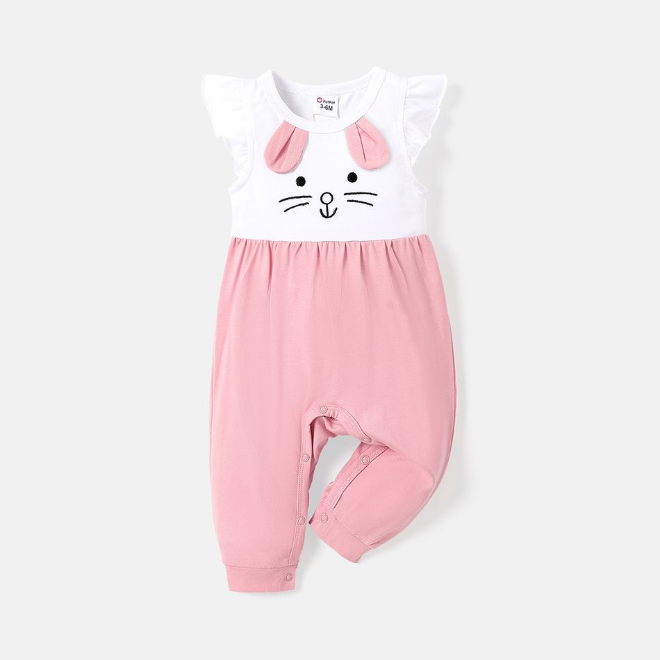 Baby Girl 100% Cotton Rabbit Print 3D Ears Detail Flutter-sleeve Spliced Jumpsuit PinkyWhite big image 1