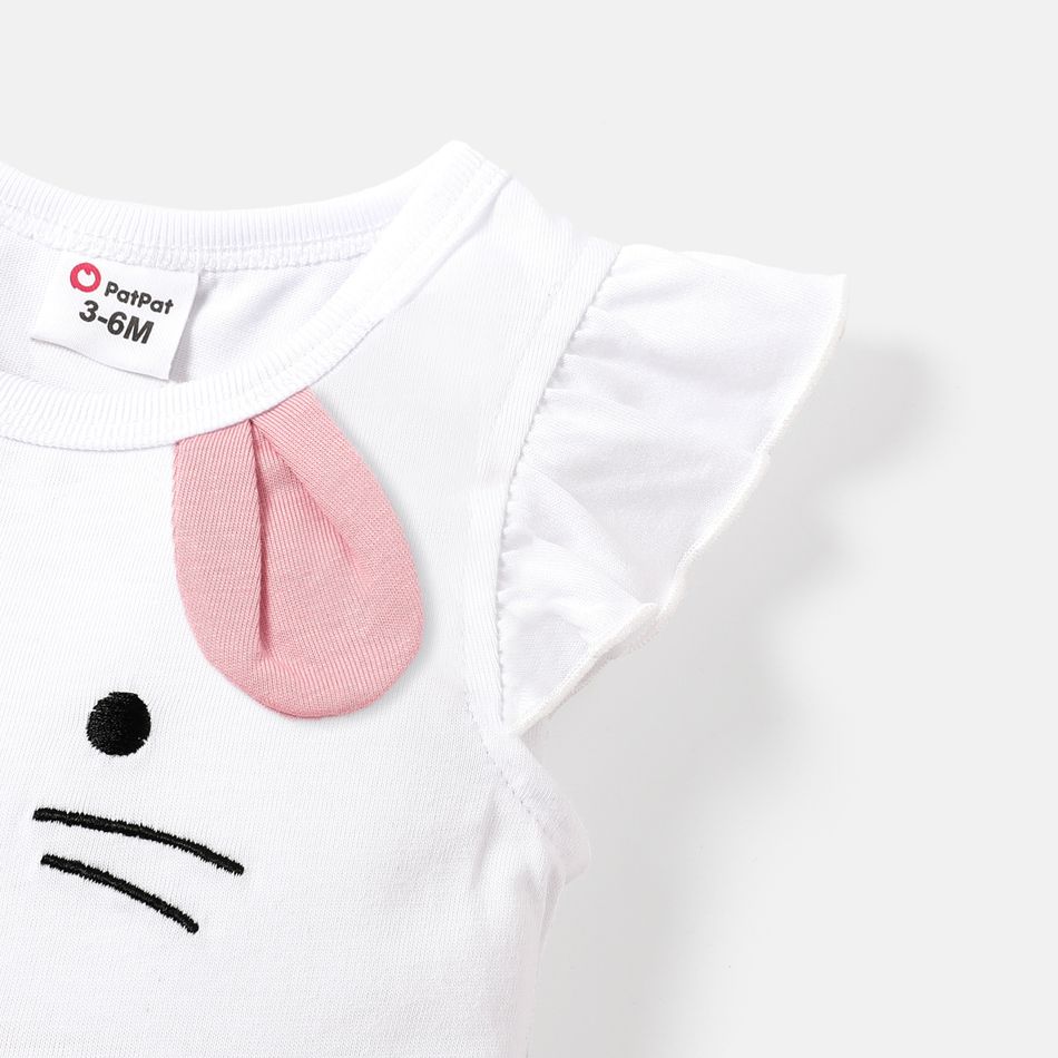 Baby Girl 100% Cotton Rabbit Print 3D Ears Detail Flutter-sleeve Spliced Jumpsuit PinkyWhite big image 3