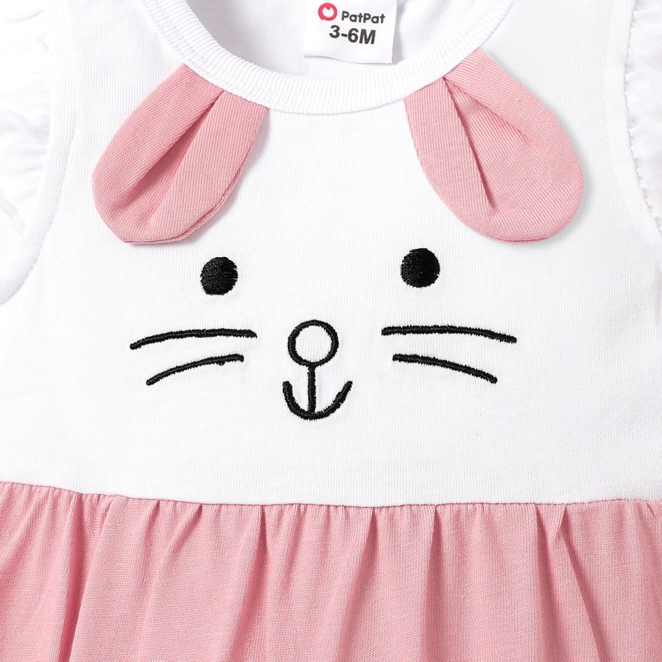 Baby Girl 100% Cotton Rabbit Print 3D Ears Detail Flutter-sleeve Spliced Jumpsuit PinkyWhite big image 4