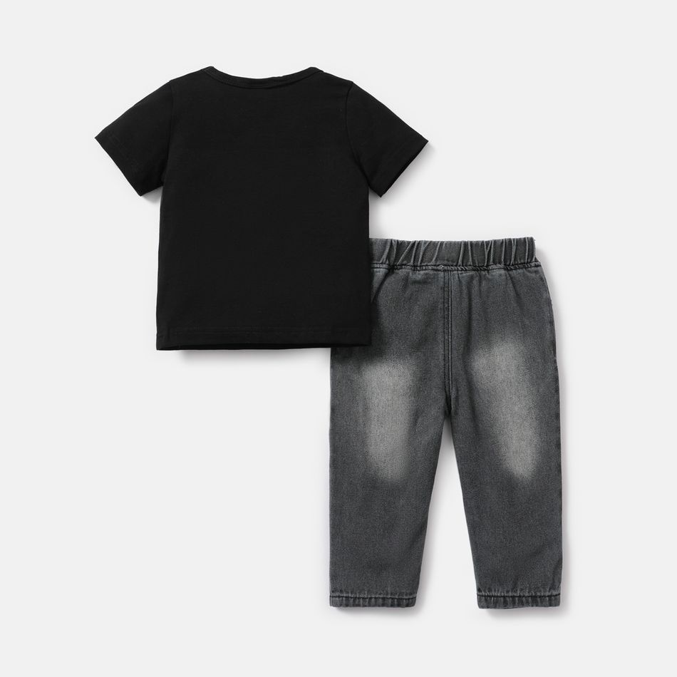 2pcs Baby Boy Cotton Short-sleeve Letter Print Tee and Straight Fit Jeans Set Black big image 2