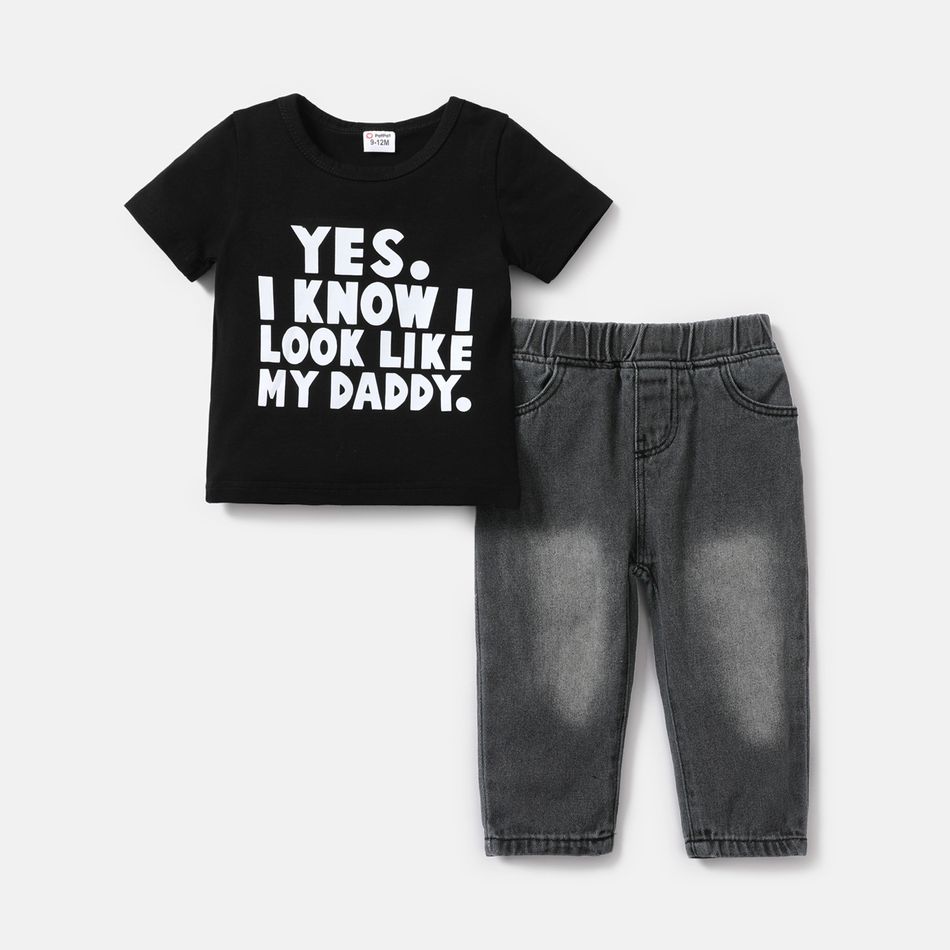 2pcs Baby Boy Cotton Short-sleeve Letter Print Tee and Straight Fit Jeans Set Black big image 1