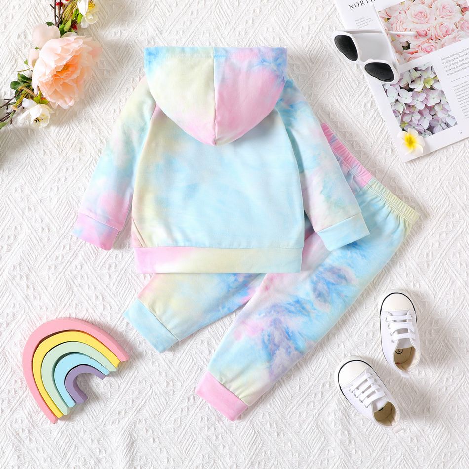 2pcs Baby Girl Letter Print Tie Dye Long-sleeve Hoodie and Sweatpants Set Colorful big image 2