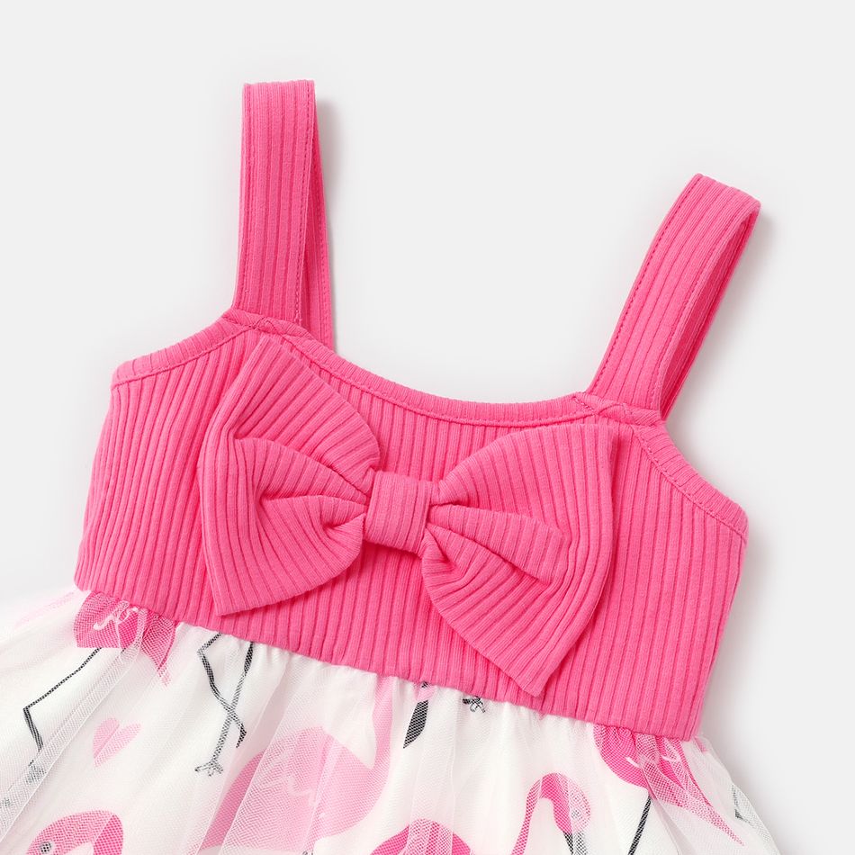 Baby Girl Bowknot Design Flamingo Print Mesh Splice Cami Dress ColorBlock big image 3