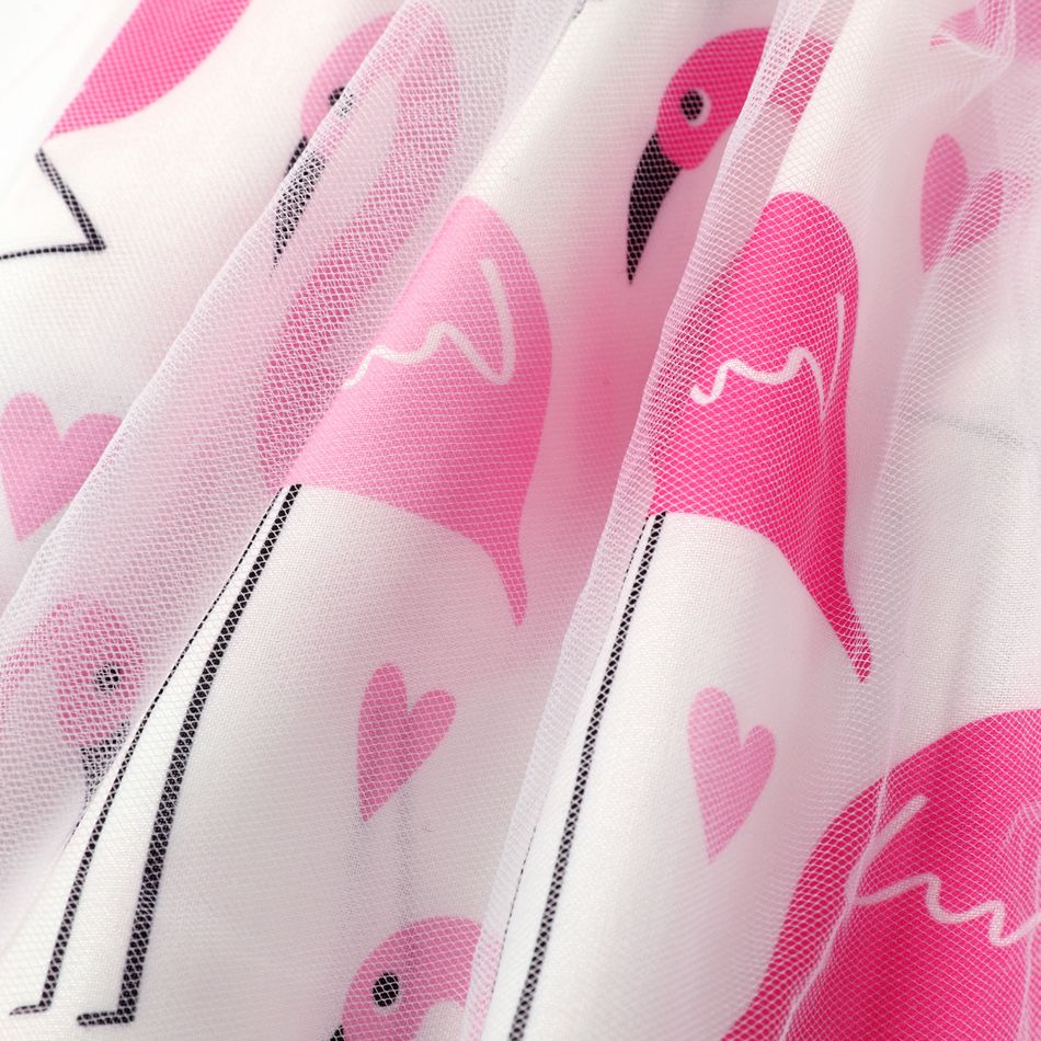 Baby Girl Bowknot Design Flamingo Print Mesh Splice Cami Dress ColorBlock big image 5