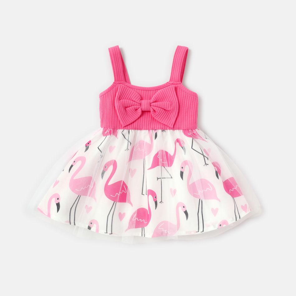 Baby Girl Bowknot Design Flamingo Print Mesh Splice Cami Dress ColorBlock big image 1