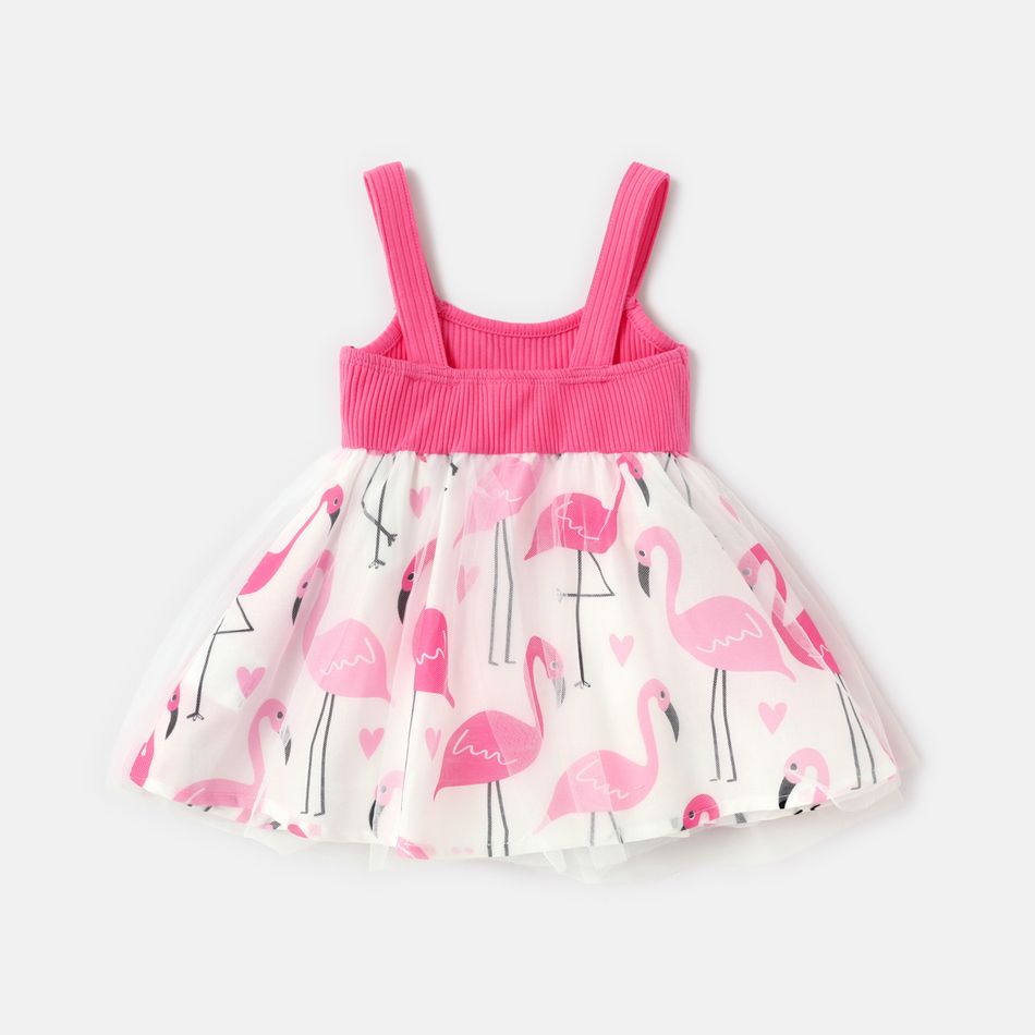 Baby Girl Bowknot Design Flamingo Print Mesh Splice Cami Dress ColorBlock big image 2