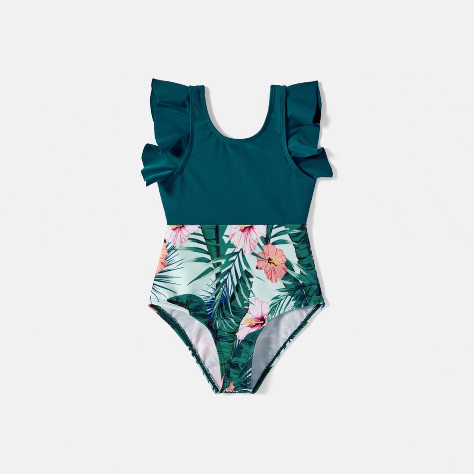 Family Matching Plant Print Ruffle Trim Spliced One-piece Swimsuit or Swim Trunks Green big image 6