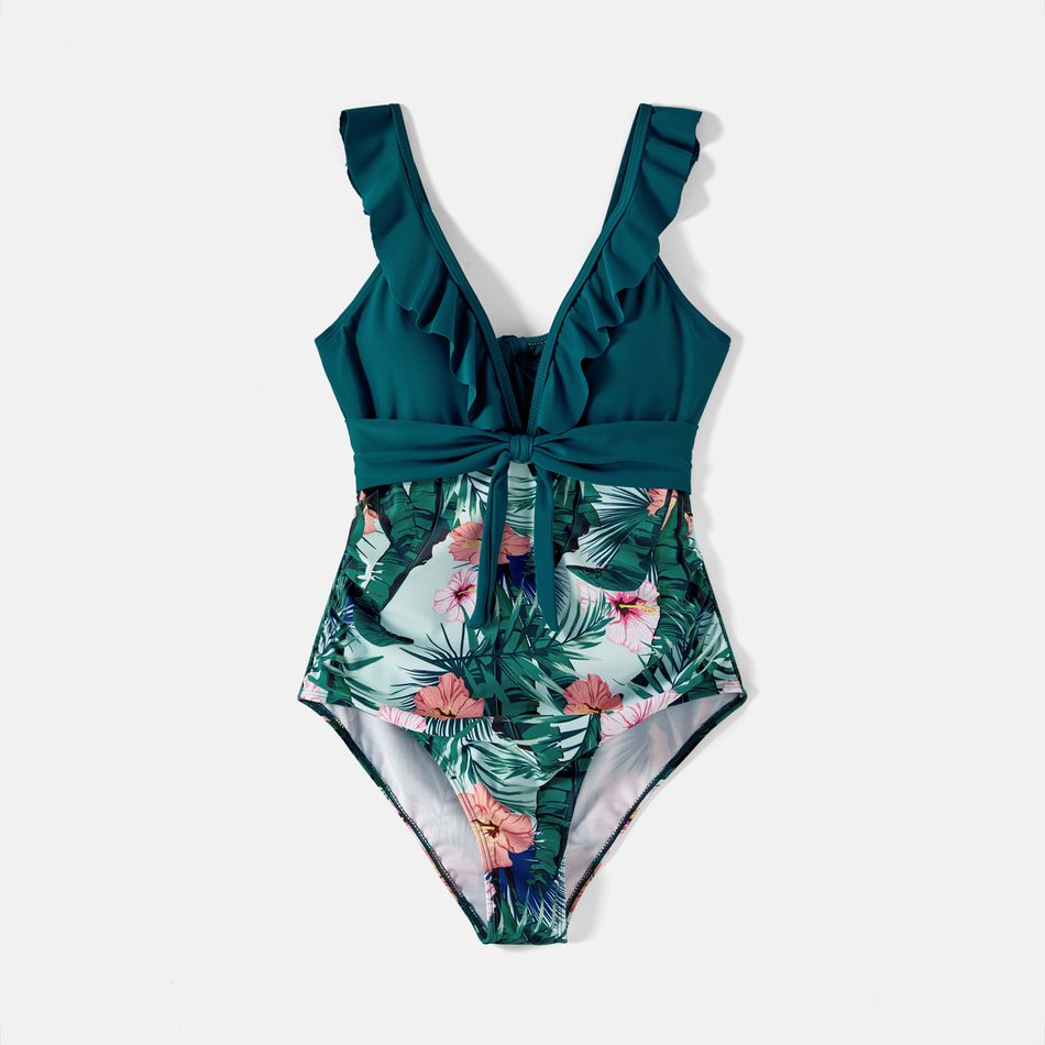 Family Matching Plant Print Ruffle Trim Spliced One-piece Swimsuit or Swim Trunks Green big image 3