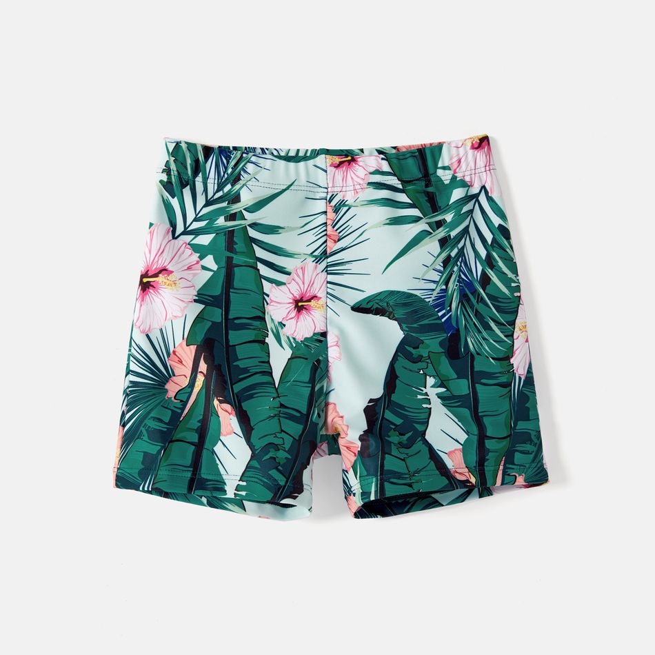 Family Matching Plant Print Ruffle Trim Spliced One-piece Swimsuit or Swim Trunks Green