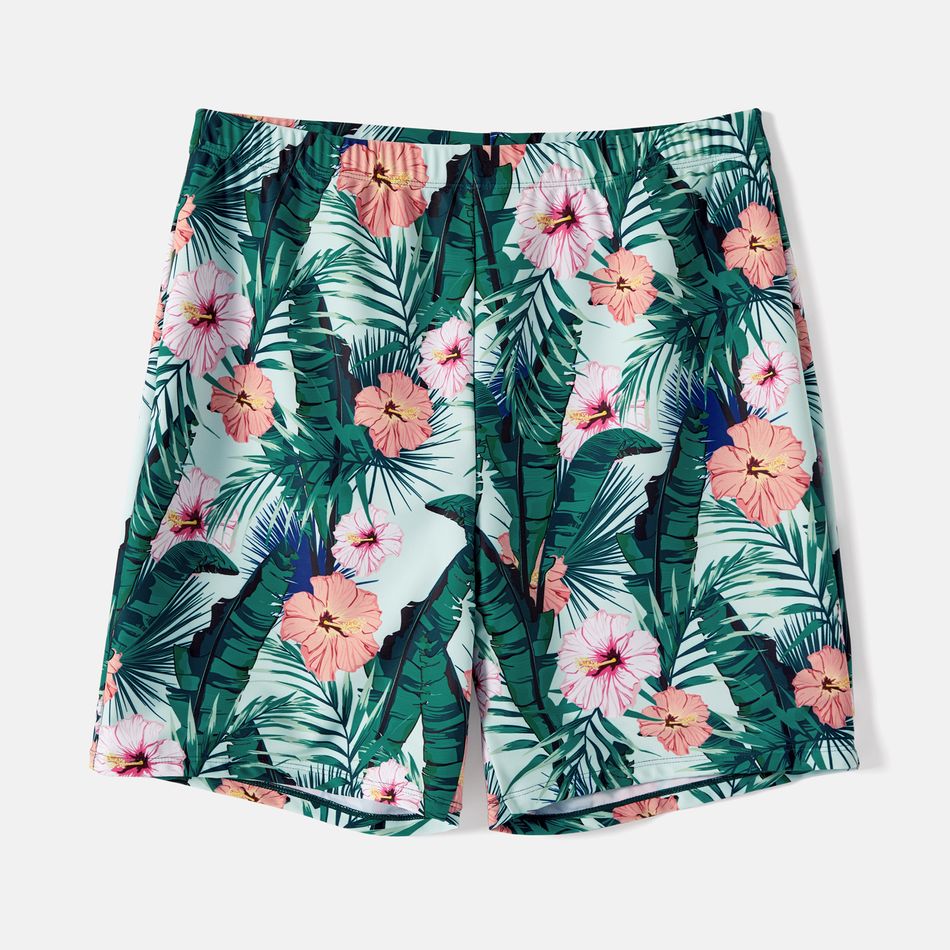 Family Matching Plant Print Ruffle Trim Spliced One-piece Swimsuit or Swim Trunks Green big image 7