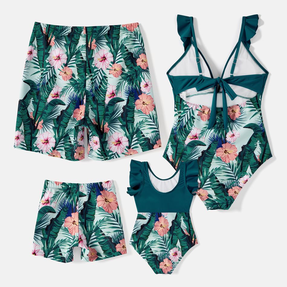 Family Matching Plant Print Ruffle Trim Spliced One-piece Swimsuit or Swim Trunks Green big image 2
