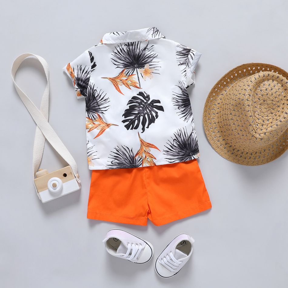 2pcs Baby Boy 100% Cotton Solid Shorts and Allover Plant Print Short-sleeve Shirt Set Orange big image 2