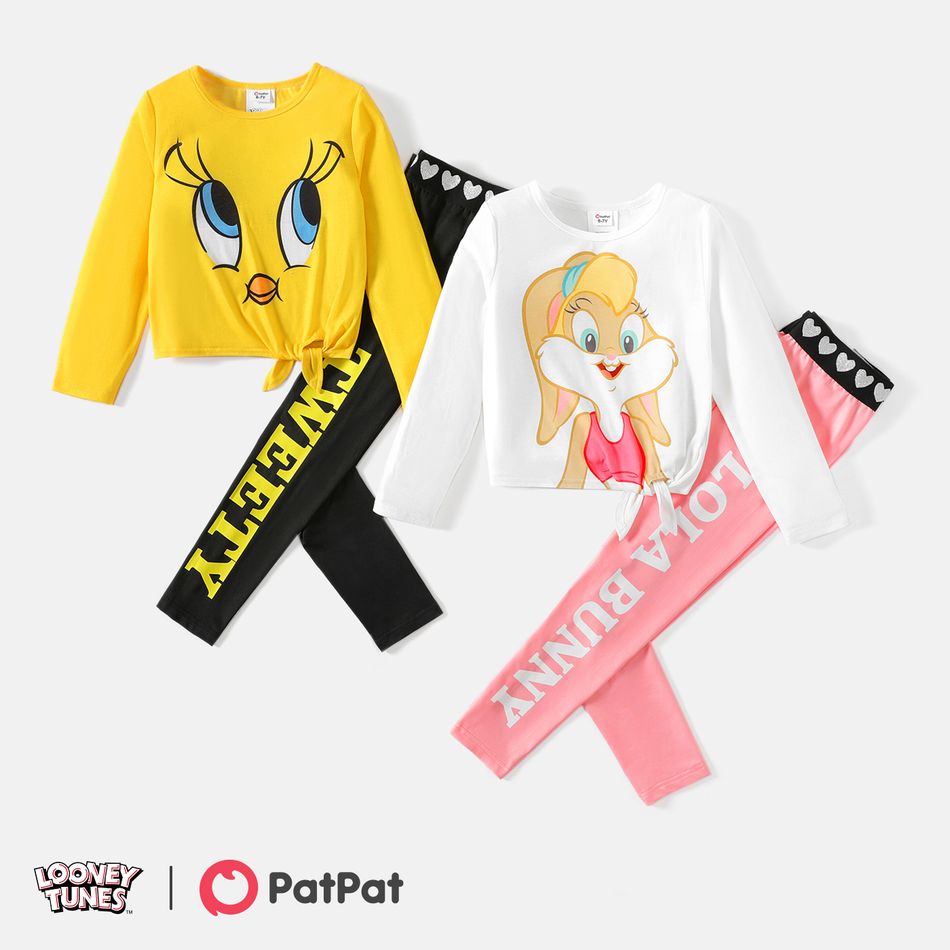 Looney Tunes 2pcs Kid Girl Character Print Tie Knot Cotton Long-sleeve Tee and Letter Print Leggings Set White big image 3