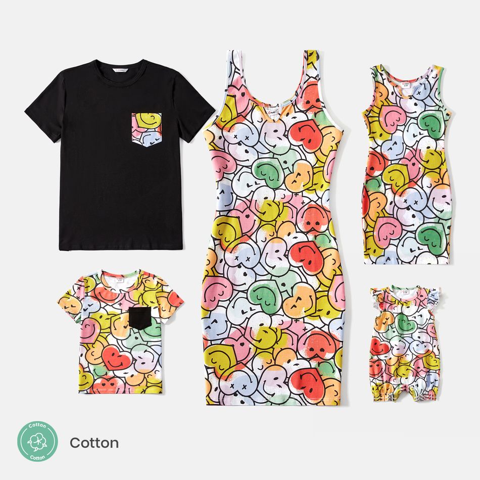 Family Matching Cotton Short-sleeve T-shirts and Allover Colorful Print Bodycon Tank Dresses Sets Colorful