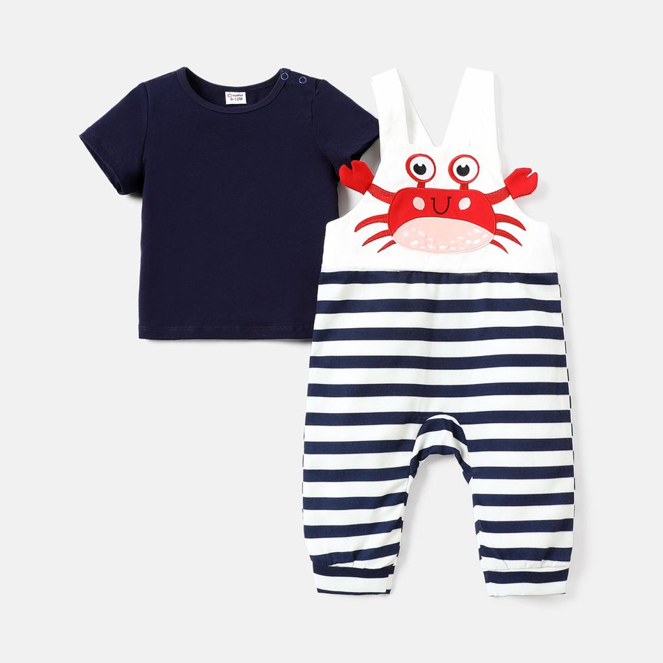 2pcs Baby Boy 100% Cotton Short-sleeve Tee and Striped Crab Embroidered Overalls Set blue+white