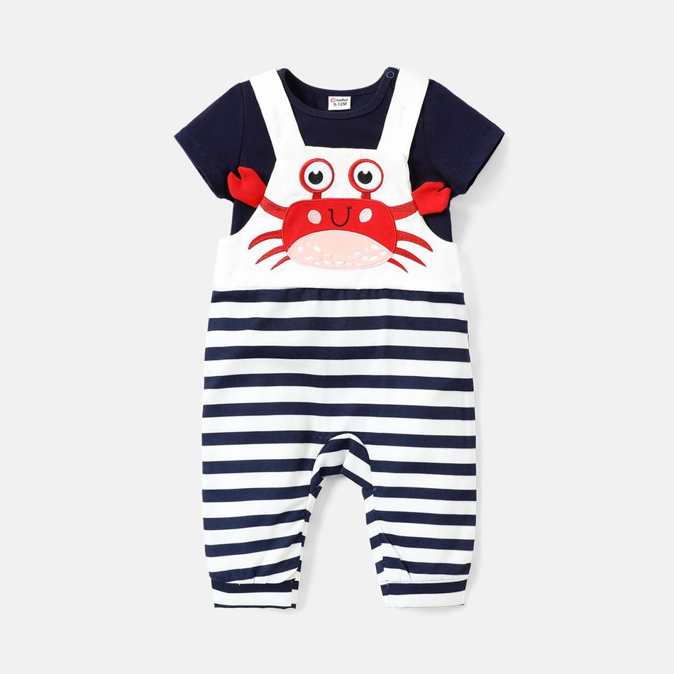 2pcs Baby Boy 100% Cotton Short-sleeve Tee and Striped Crab Embroidered Overalls Set blue+white big image 2
