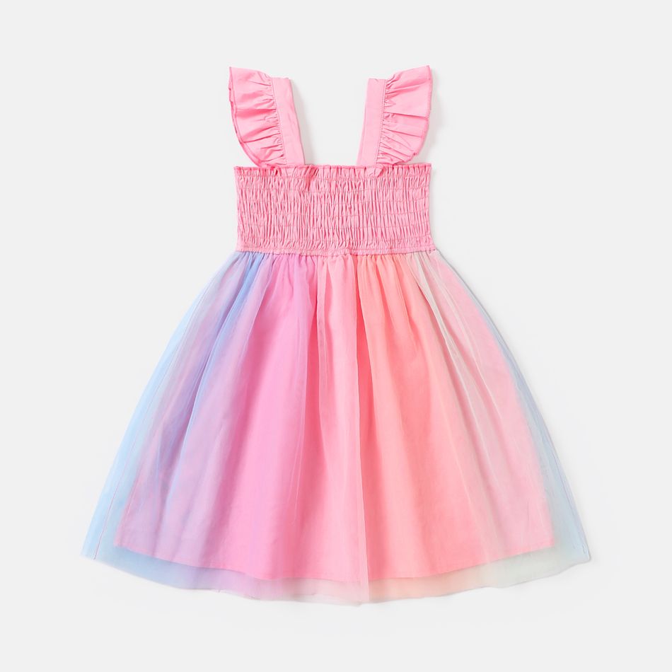 Toddler Girl Cotton Smocked Mesh Splice Sleeveless Dress Pink big image 2