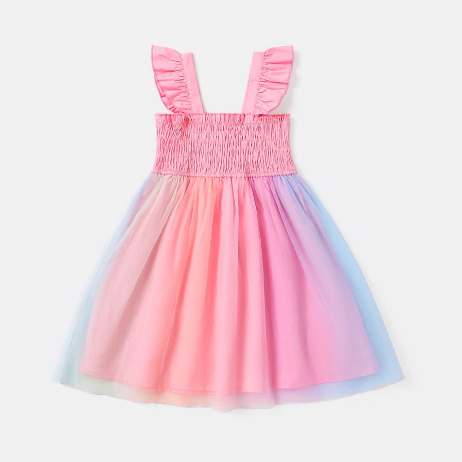 Toddler Girl Cotton Smocked Mesh Splice Sleeveless Dress Pink big image 1