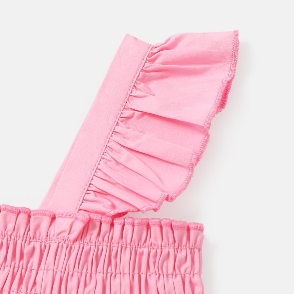 Toddler Girl Cotton Smocked Mesh Splice Sleeveless Dress Pink big image 3