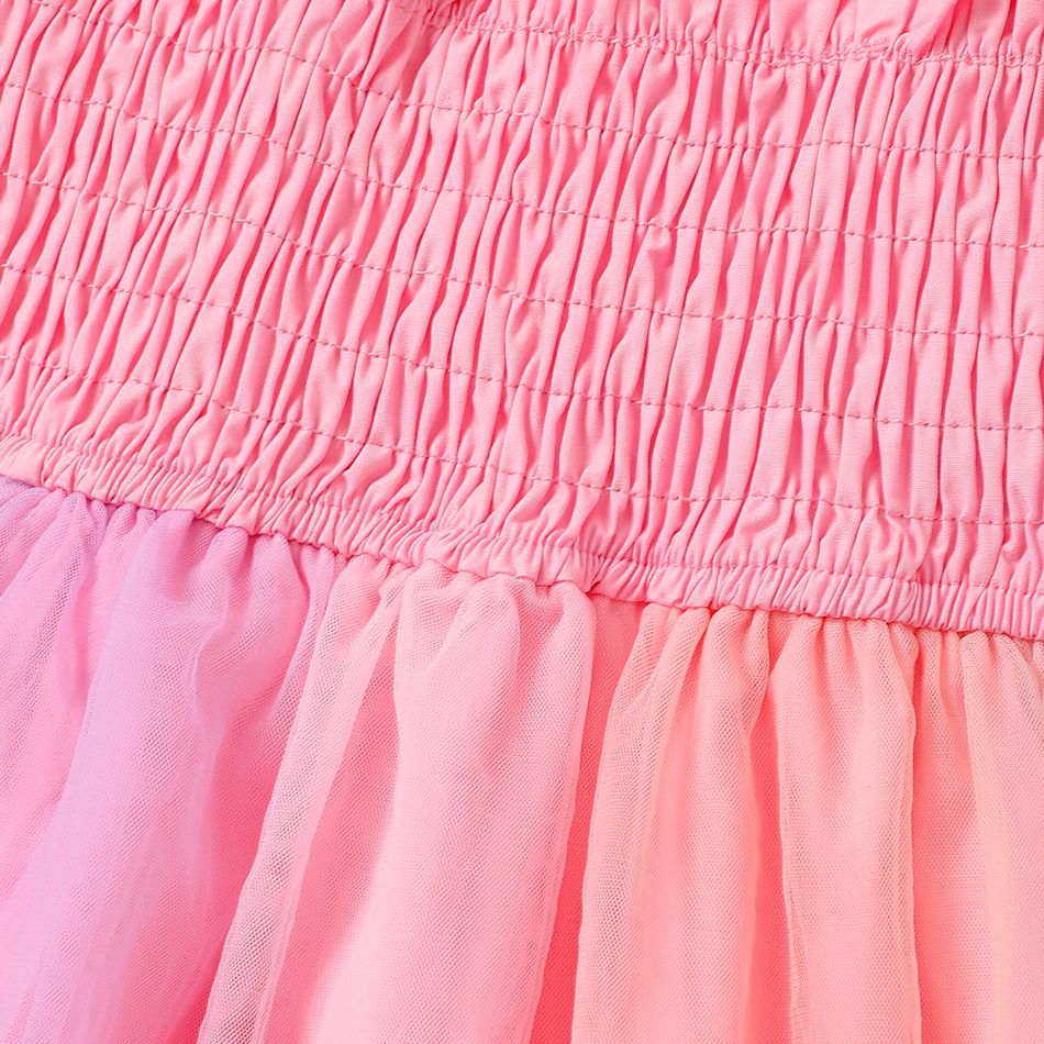 Toddler Girl Cotton Smocked Mesh Splice Sleeveless Dress Pink big image 4