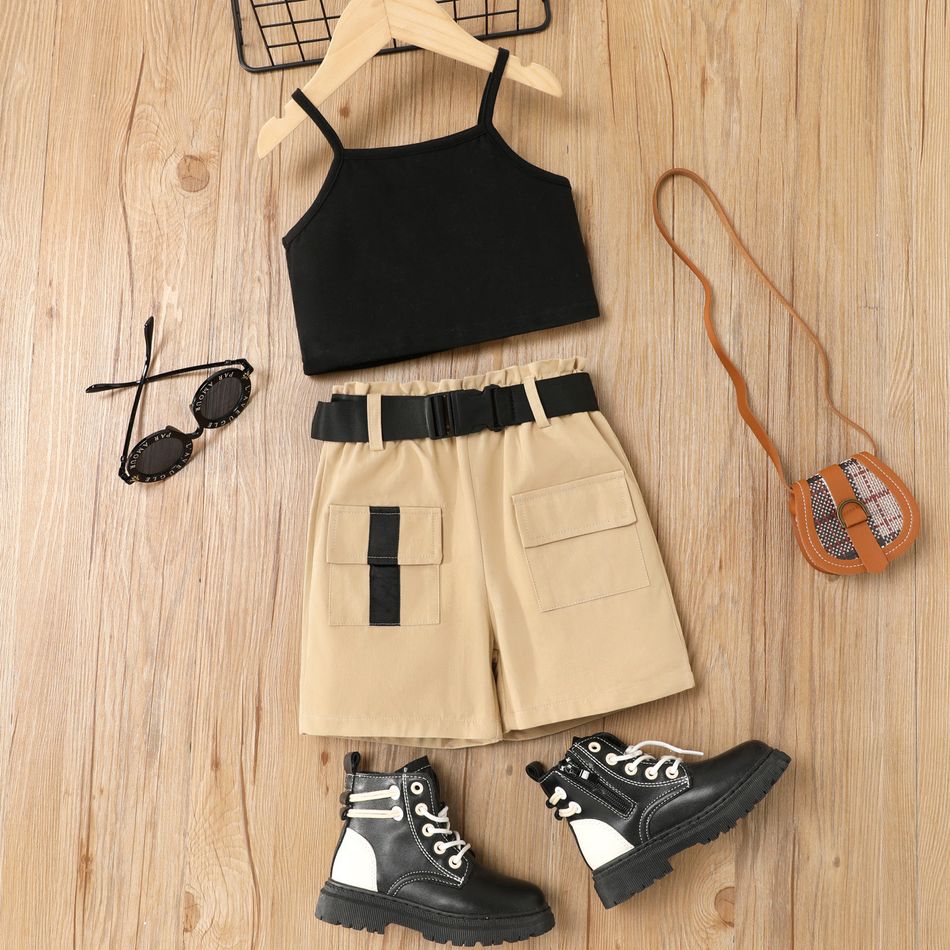 3pcs Toddler Girl Trendy Camisole and Pocket Design Shorts & Belt Set Black big image 1