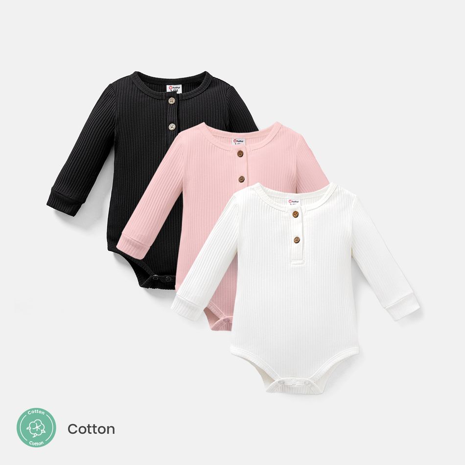 Baby Girl/Boy Cotton Button Design Solid Color Ribbed Long-sleeve Rompers Pink big image 3