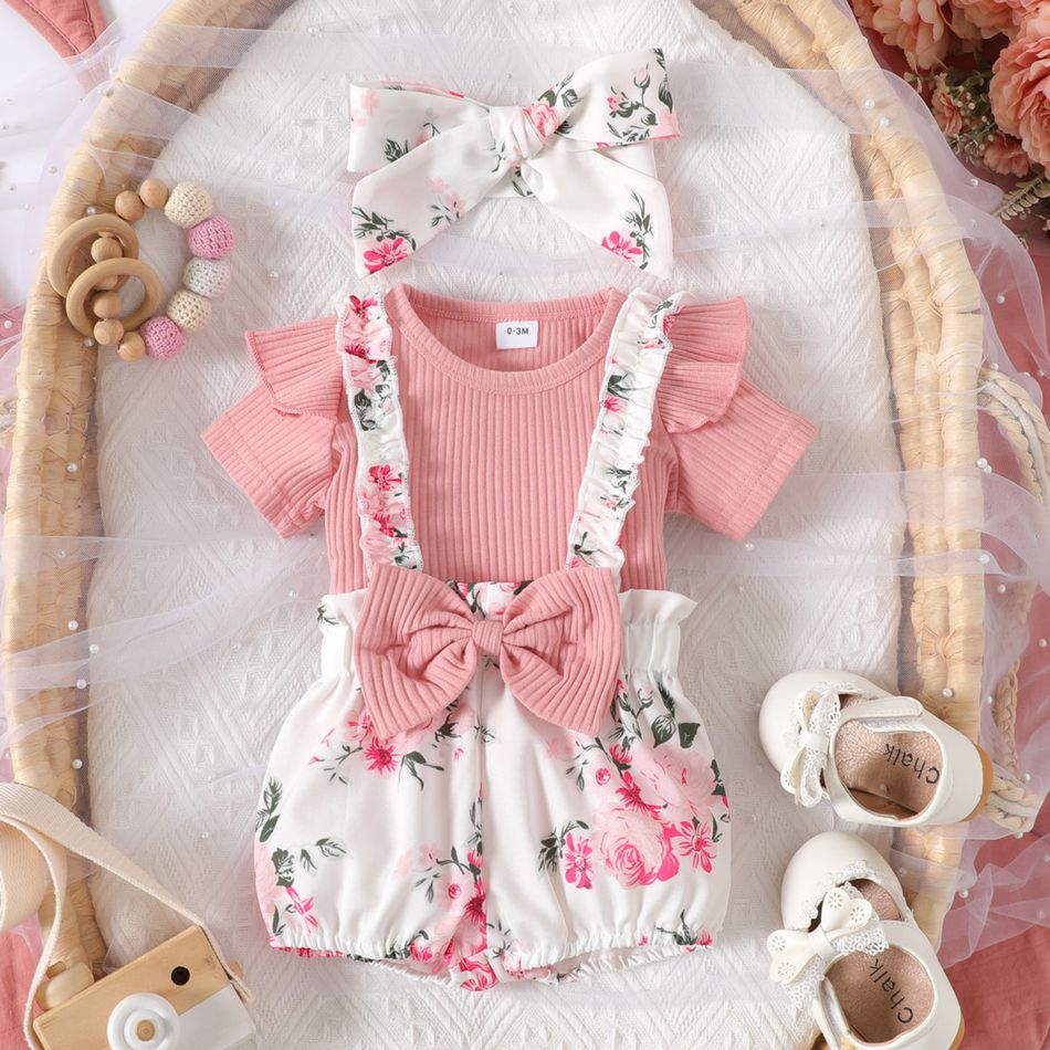 3pcs Baby Girl Solid Cotton Ribbed Ruffle Short-sleeve Romper and Floral Print Suspender Shorts & Headband Set Pink