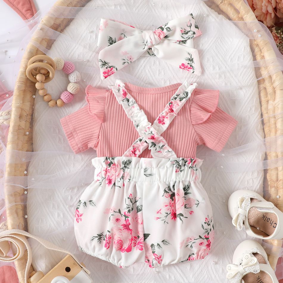 3pcs Baby Girl Solid Cotton Ribbed Ruffle Short-sleeve Romper and Floral Print Suspender Shorts & Headband Set Pink big image 2