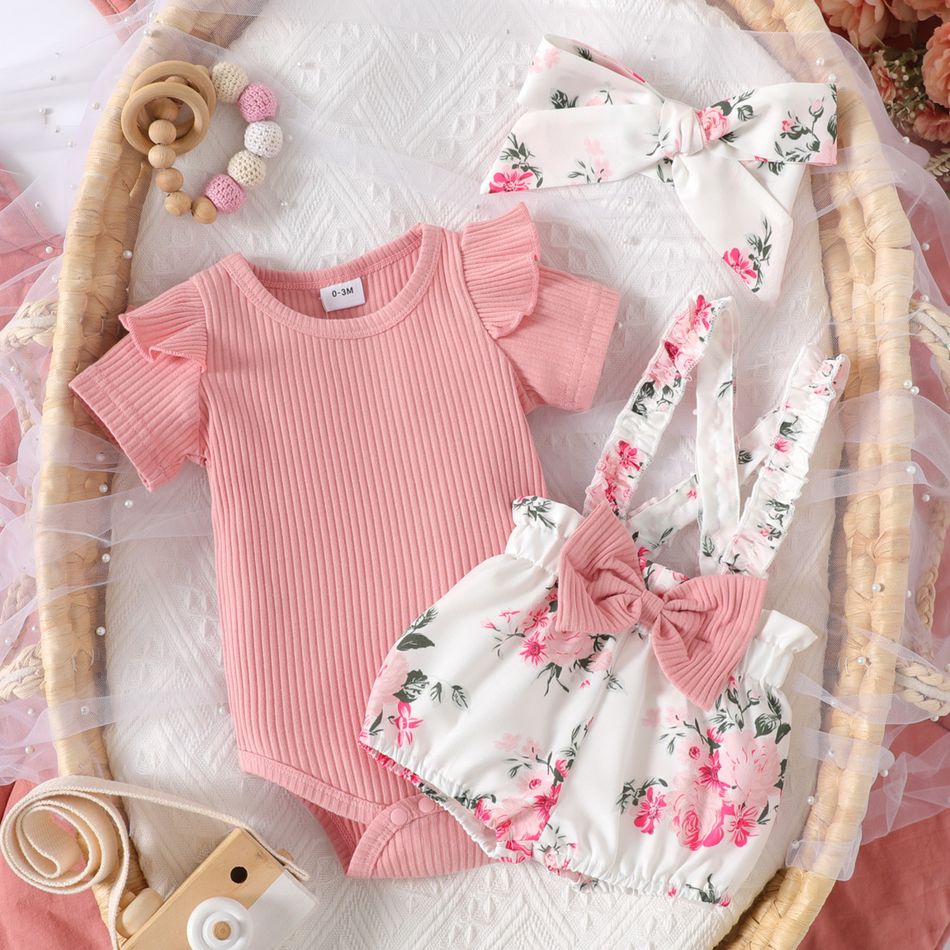 3pcs Baby Girl Solid Cotton Ribbed Ruffle Short-sleeve Romper and Floral Print Suspender Shorts & Headband Set Pink big image 3